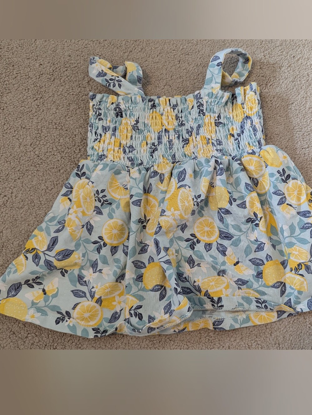Isaac Mizrahi Yellow & Light Blue Smocked Lemon-Print Top